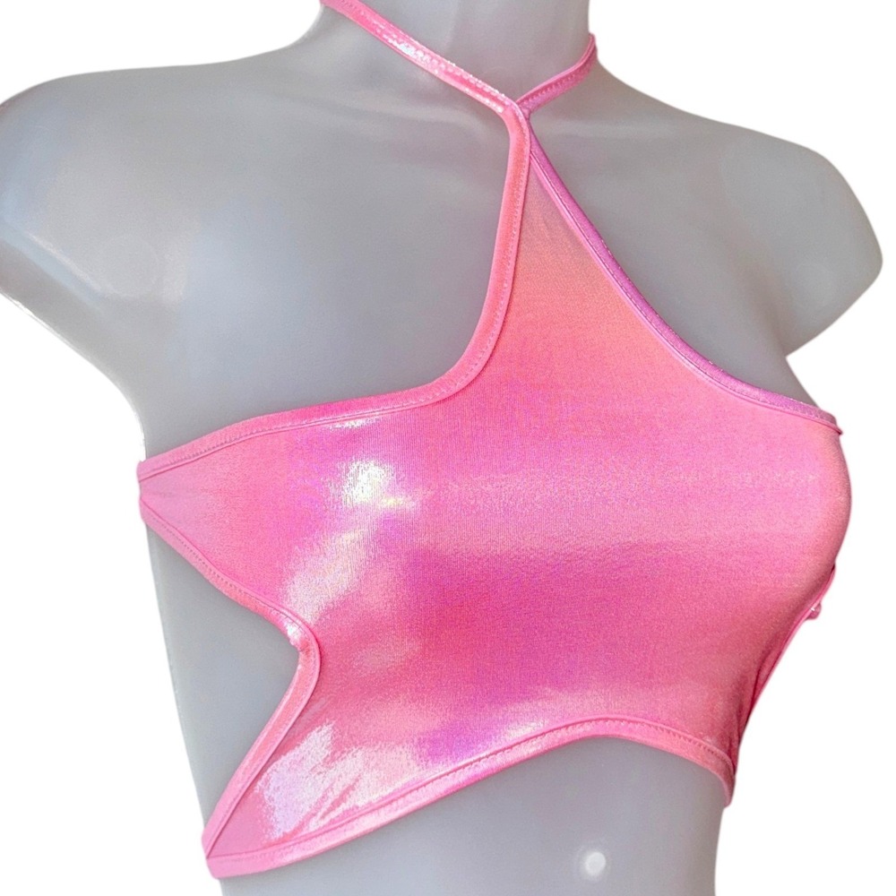 New XS Pink Holographic Star Halter Crop Top Backless Rave Festival Laser